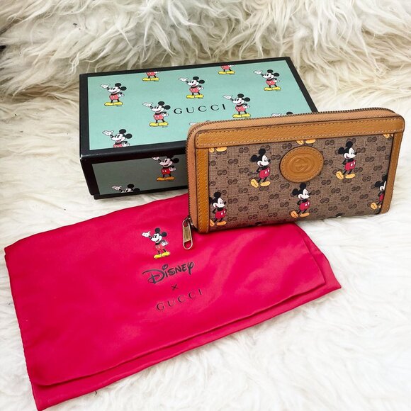 Gucci GG Disney X Mickey Mouse Zip Around Tan Gold Brown Purse Wallet Italy NEW - Picture 6 of 13